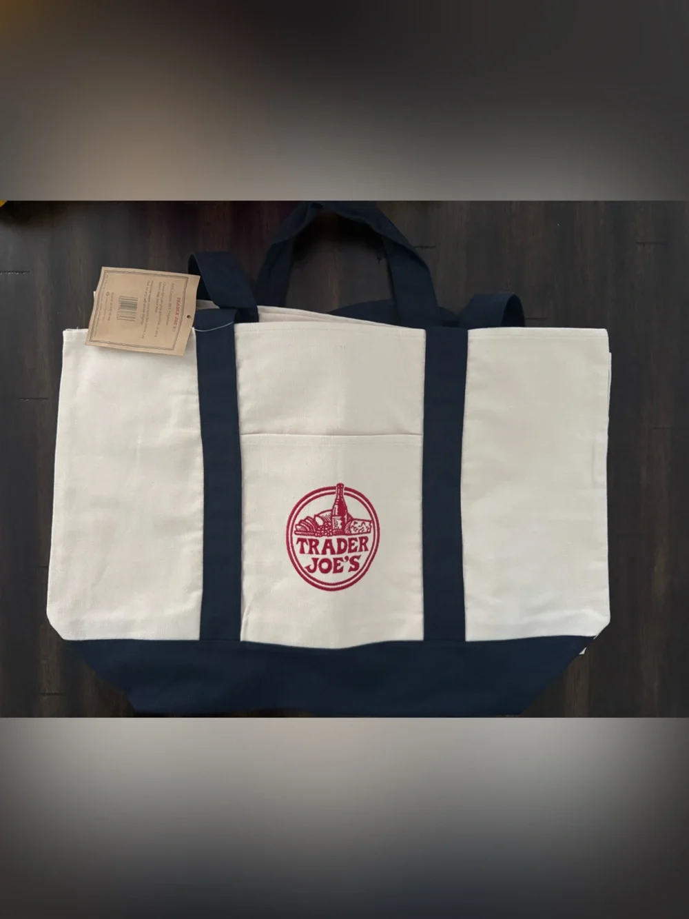 Trader Joe's Cream and Navy Canvas Duffel Tote